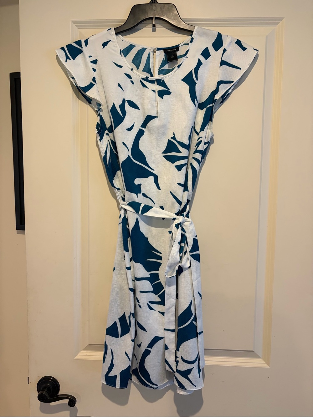 Ann Taylor Teal and White Floral-Print Midi Dress with Tie Waist